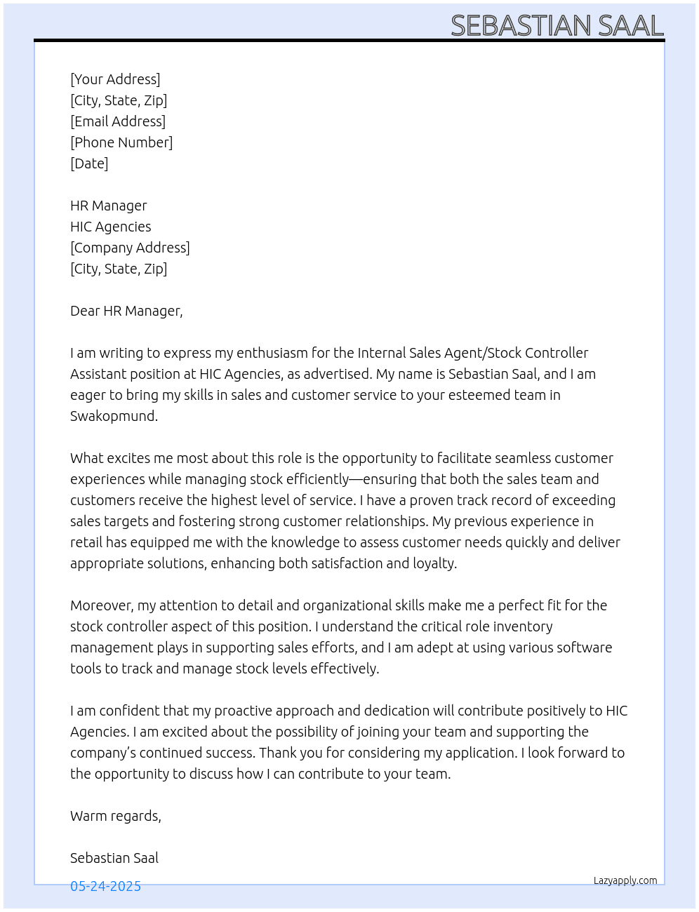 Cover letter for internal sales agent / stock controller assistant - LazyApply