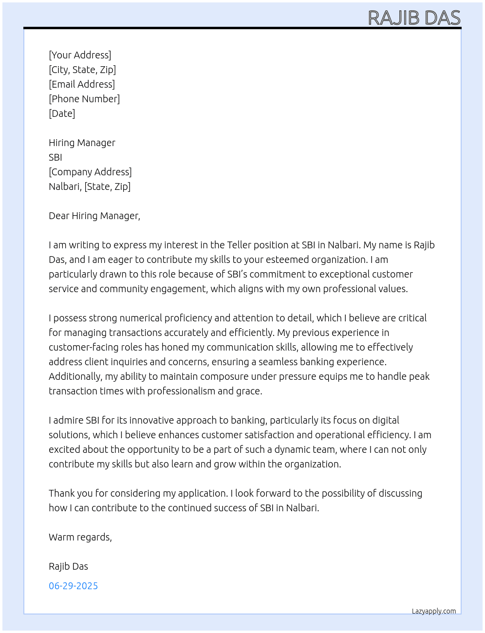 Teller At SBI Cover Letter