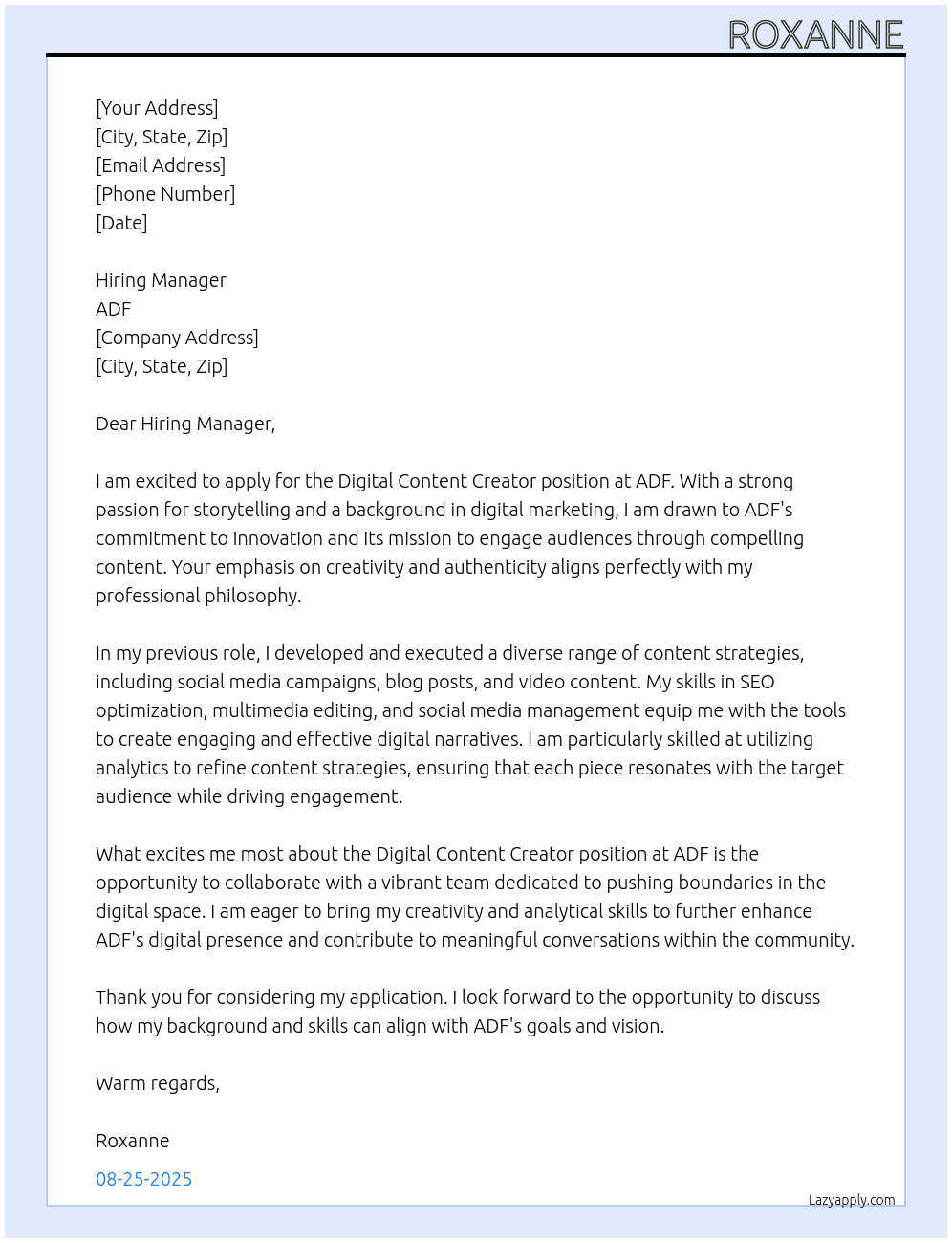 Digital Content Creator At ADF Cover Letter