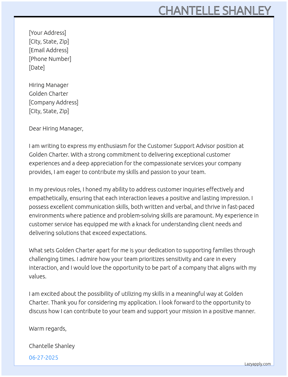 Customer Support Advisor  At Golden Charter  Cover Letter