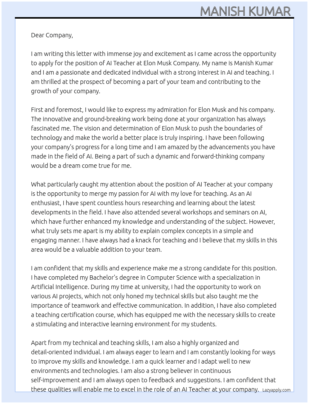 Ai teach  At Elon musk company  Cover Letter