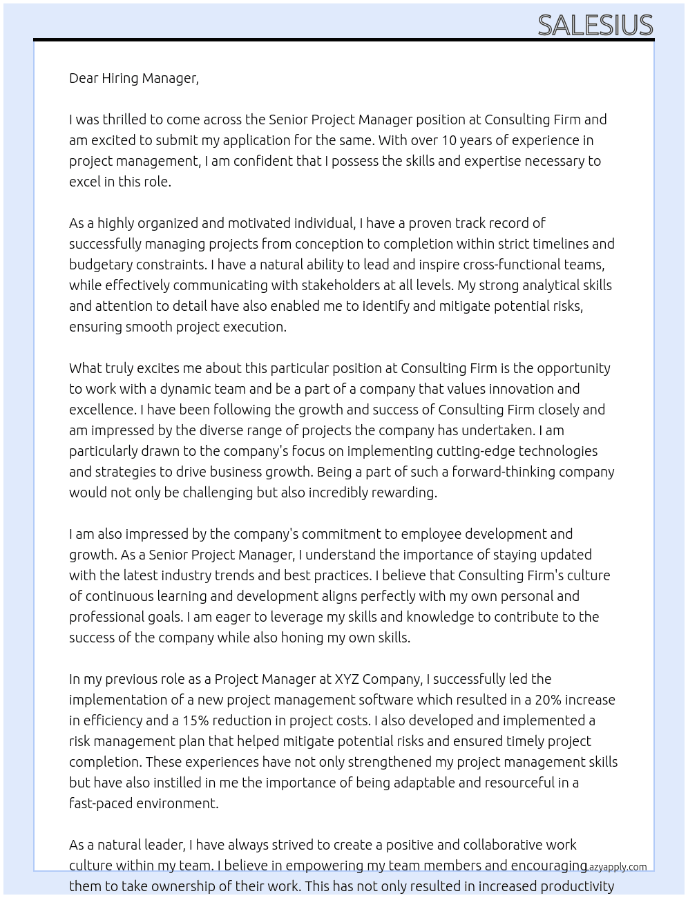 Senior Project Manager At Consulting Firm Cover Letter