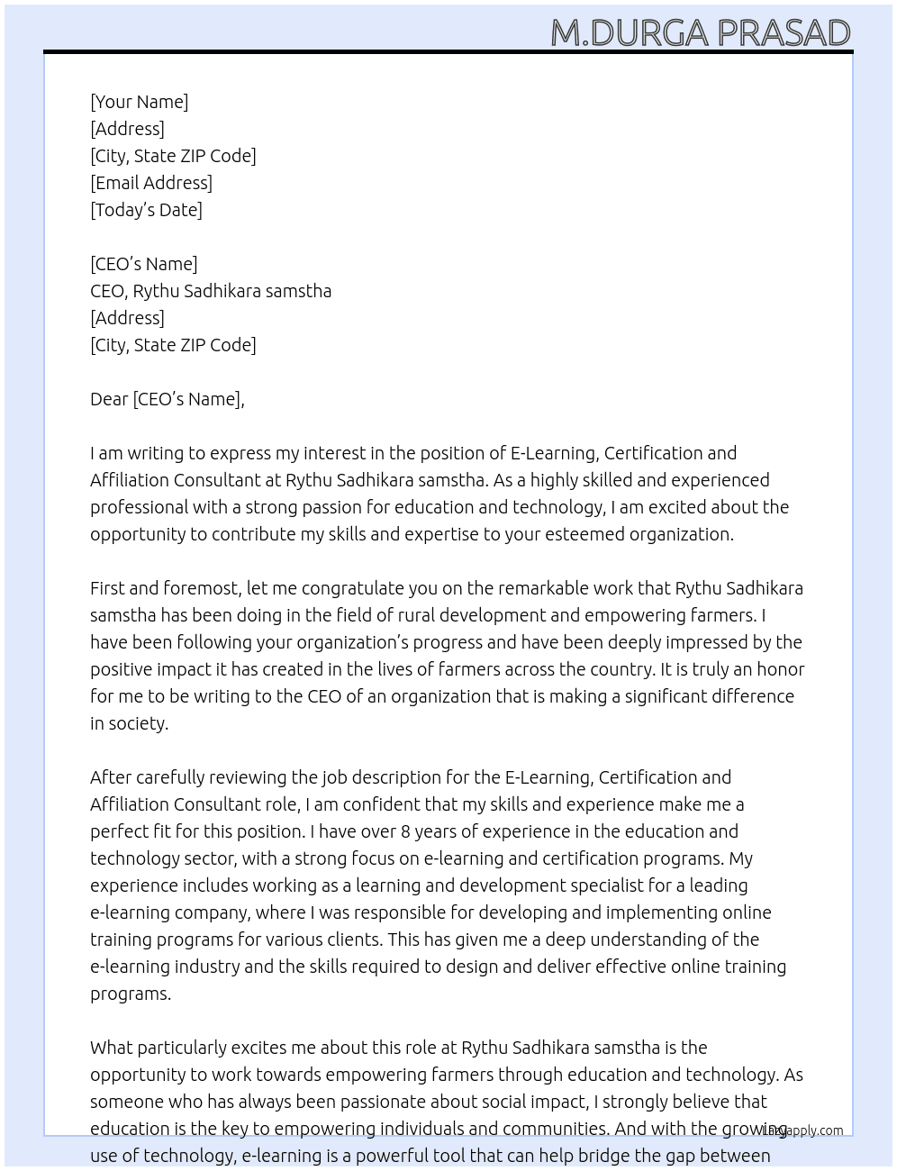 Cover letter for e-learning, certification and affiliation consultants - LazyApply