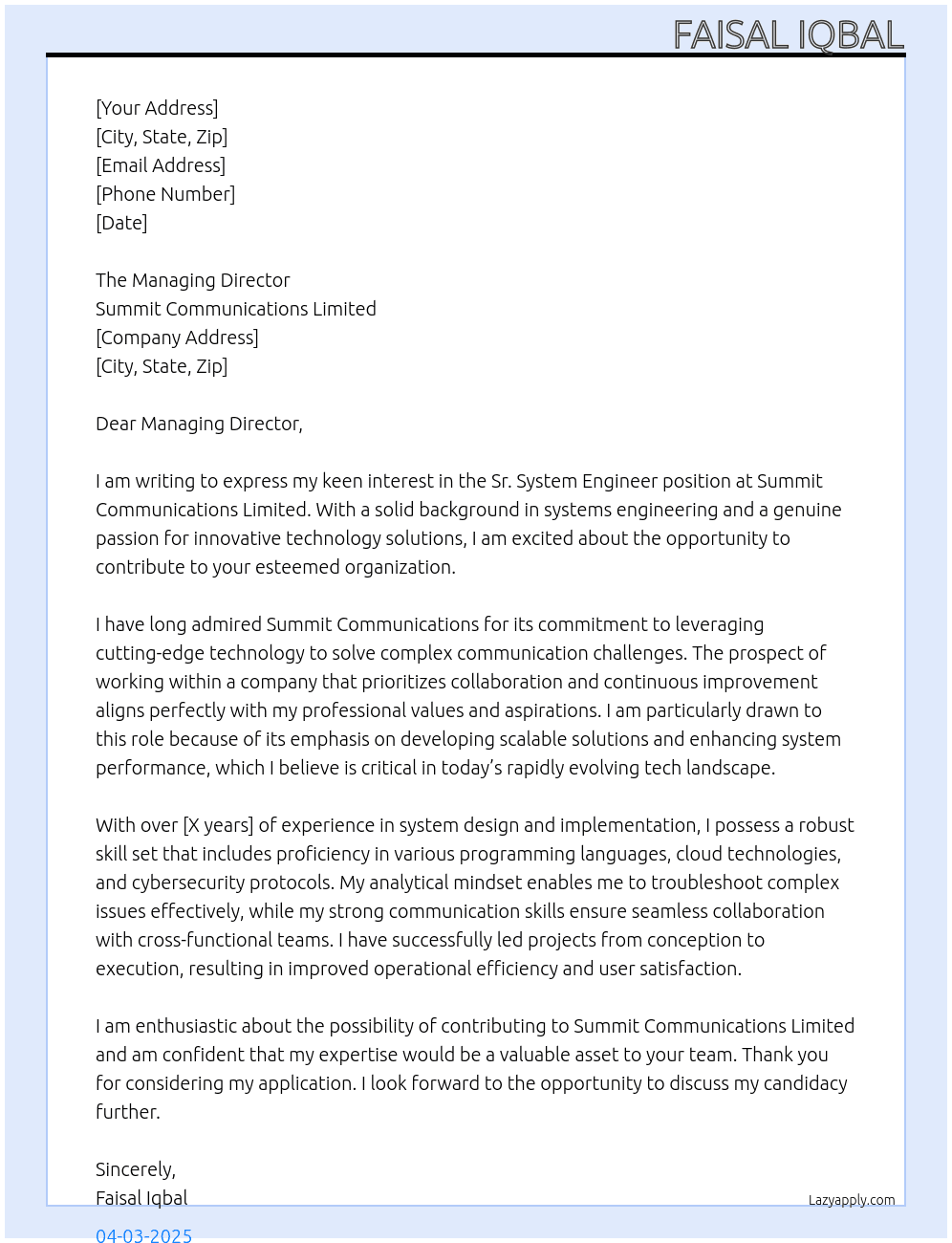 Cover letter for sr. system engineer - LazyApply