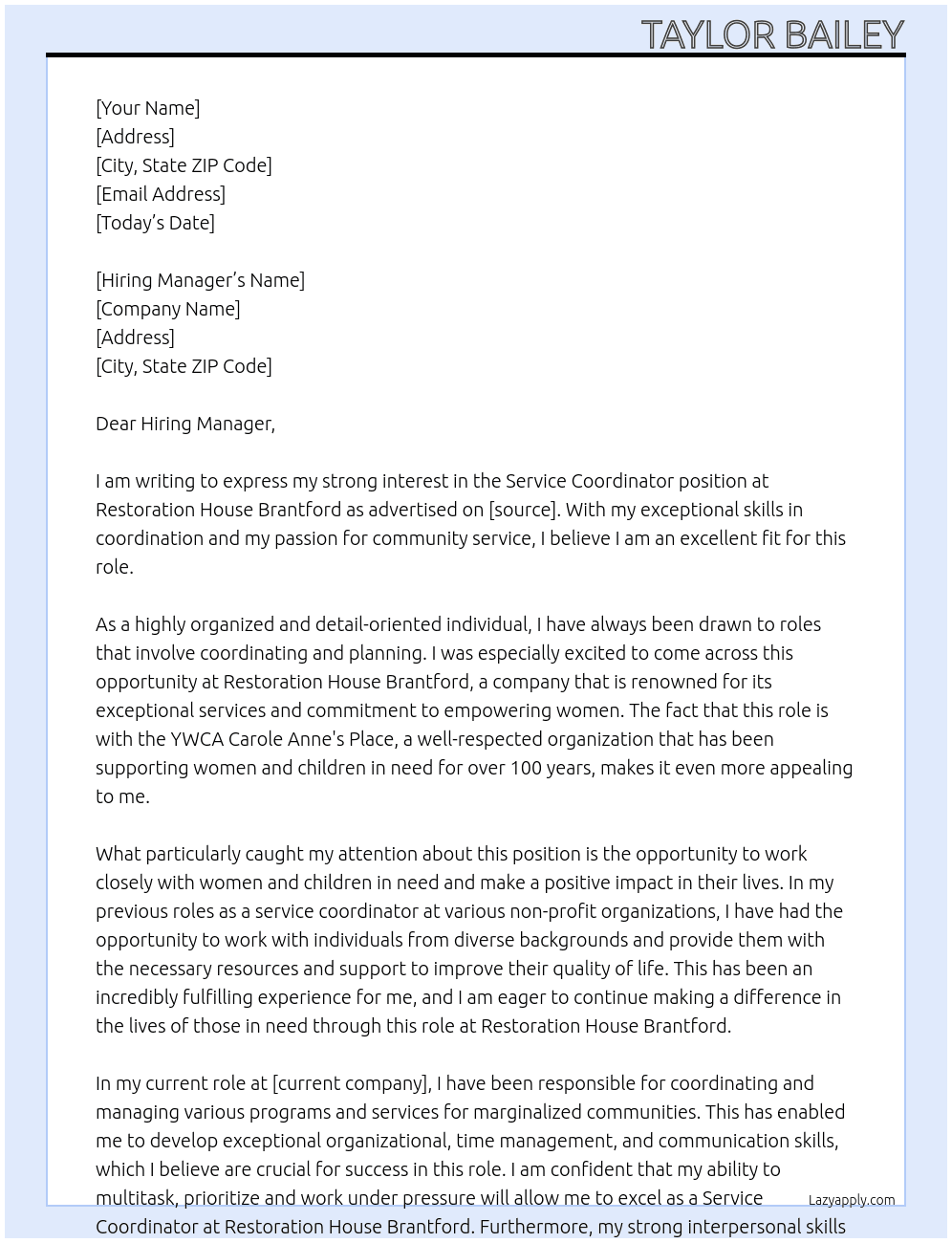 Service Coordinator YWCA Carole Anne's Place At Restoration House Brantford Cover Letter