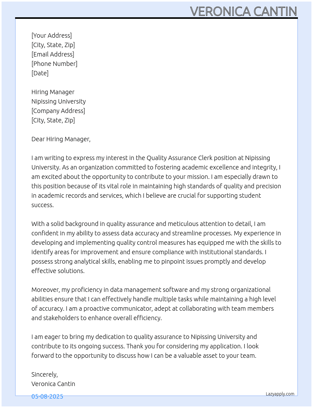 Quality Assurance Clerk At Nipissing University Cover Letter