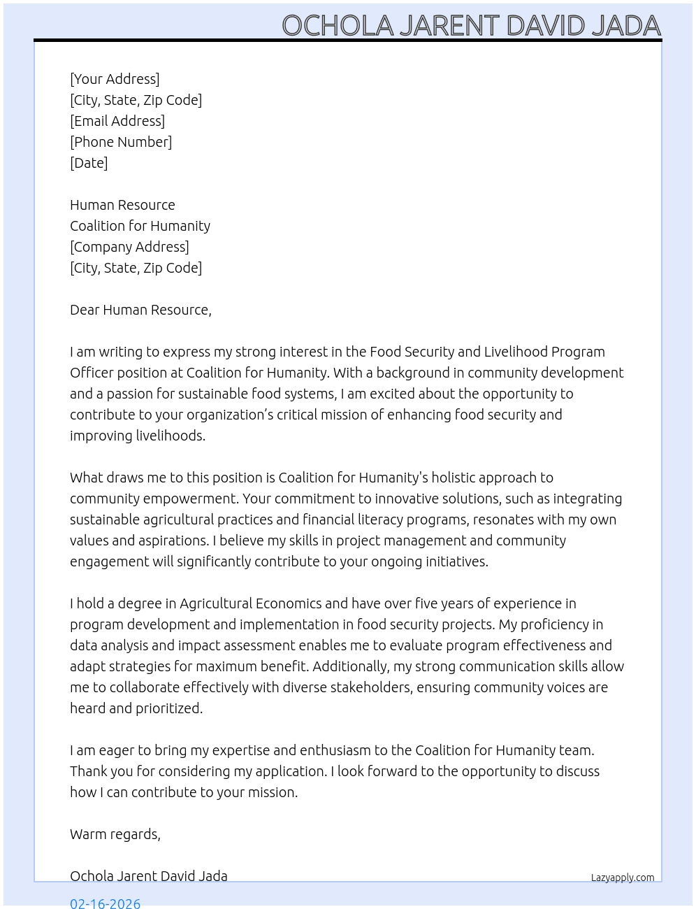 Food security and Livelihood program officer At Coalition for Humanity Cover Letter