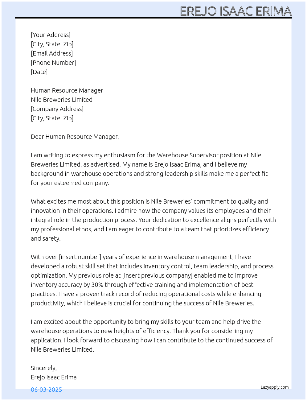 Warehouse Supervisor  At Nile breweries limited  Cover Letter