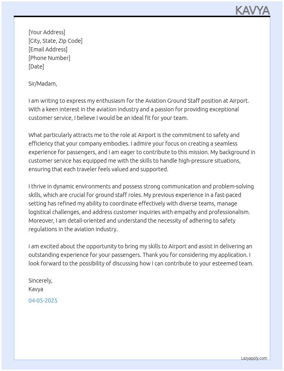 Aviation ground staff  At Airport  Cover Letter