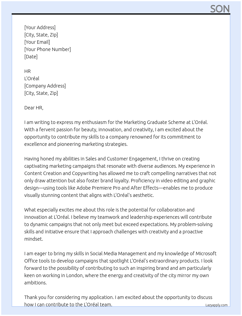 Marketing Graduate Scheme At L'Oréal Cover Letter
