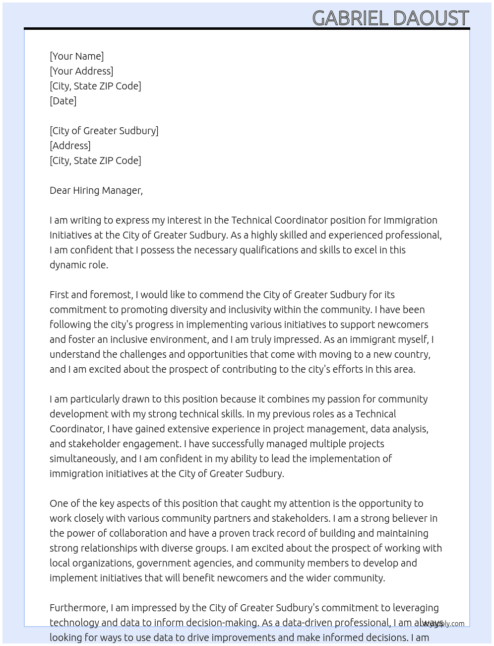 Technical Co-ordinator - Immigration Initiatives   At City of Greater Sudbury Cover Letter
