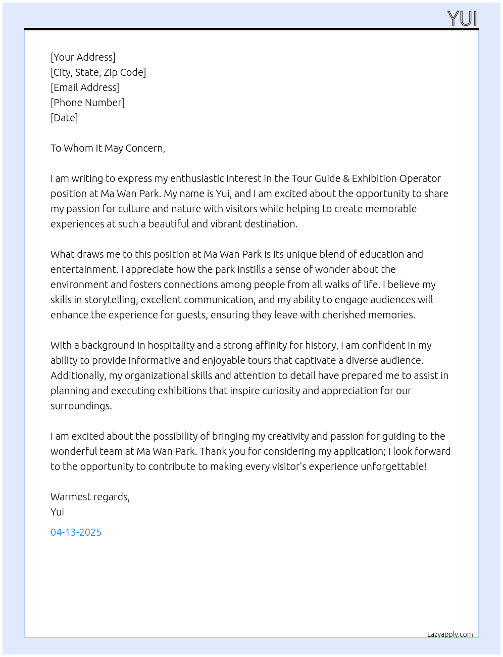 Cover letter for tour guide & exhibition operator - LazyApply