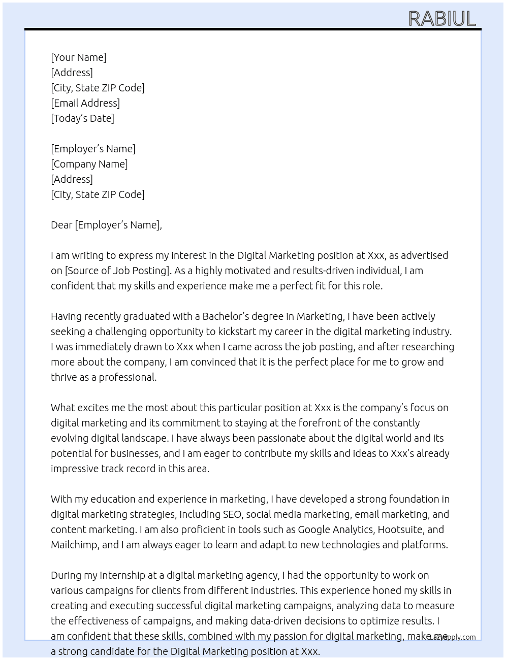 Digital marketing  At Xxx Cover Letter