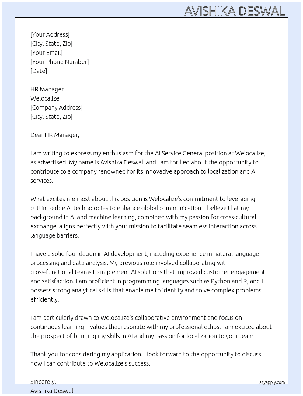 AI Service General At Welocalize Cover Letter