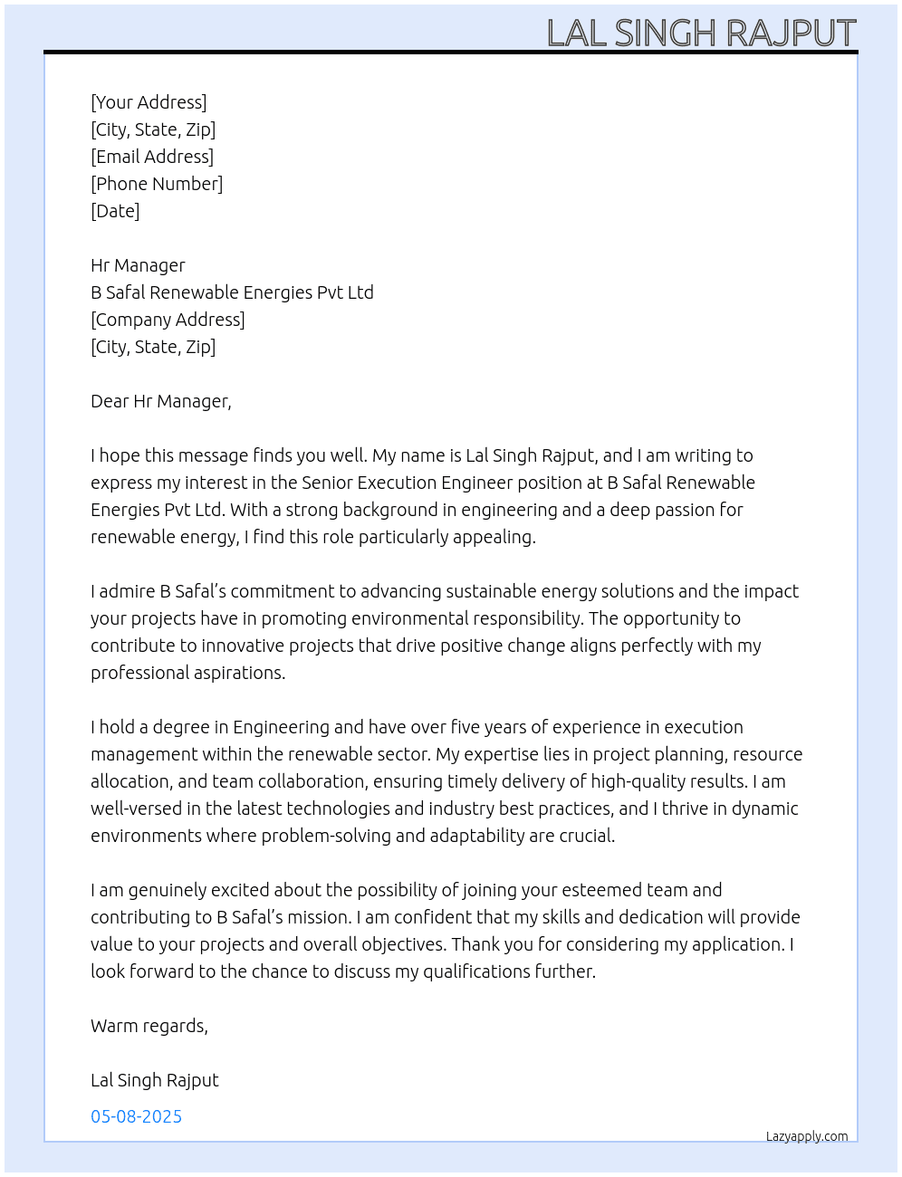 Cover letter for senior execution engineer - LazyApply