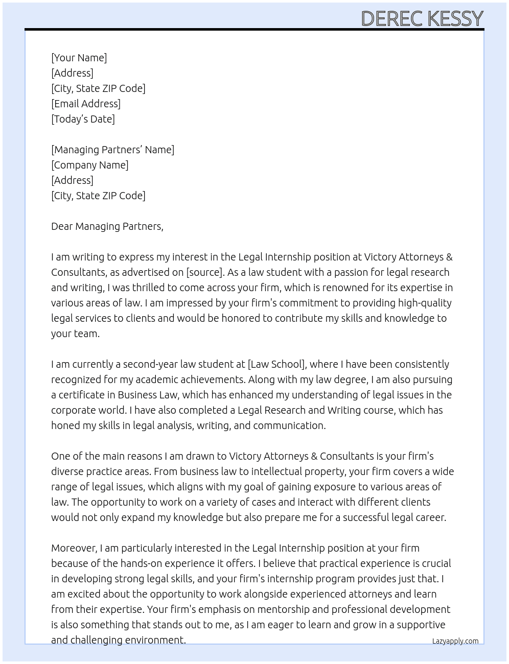 Legal internship At Victory attorneys &consultants  Cover Letter