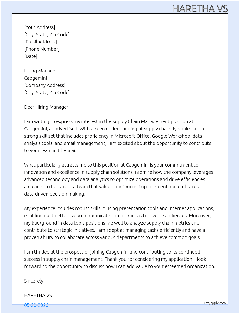 Supply Chain Management At Capgemini Cover Letter