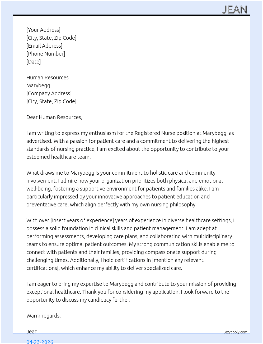Registered nurse At Marybegg Cover Letter