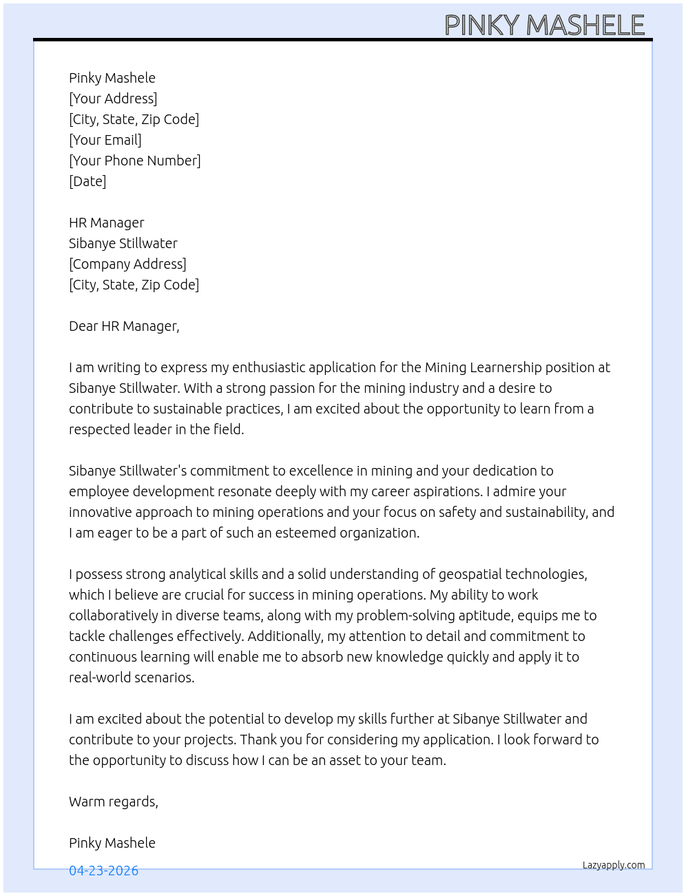Mining learnership At Sibanye stillwater Cover Letter