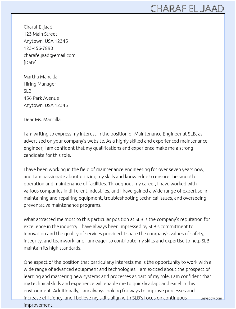 Mantainance engineer At Slb Cover Letter