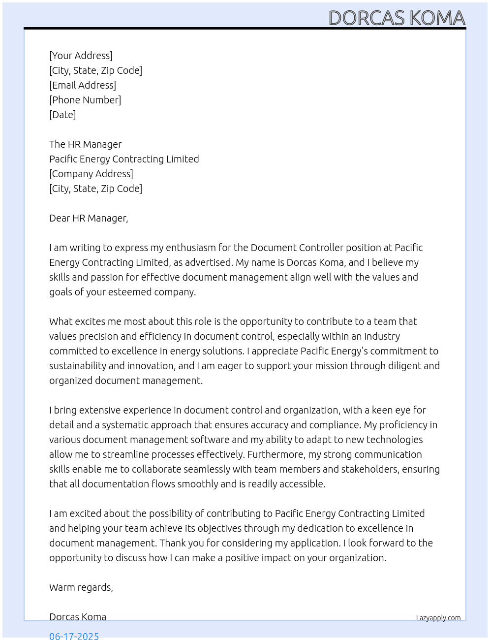 Document Controller  At Pacific Energy Contracting Limited  Cover Letter