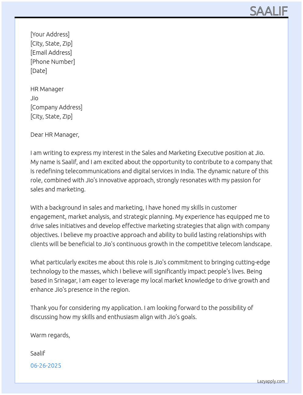 Sales and marketing executive At Jio Cover Letter