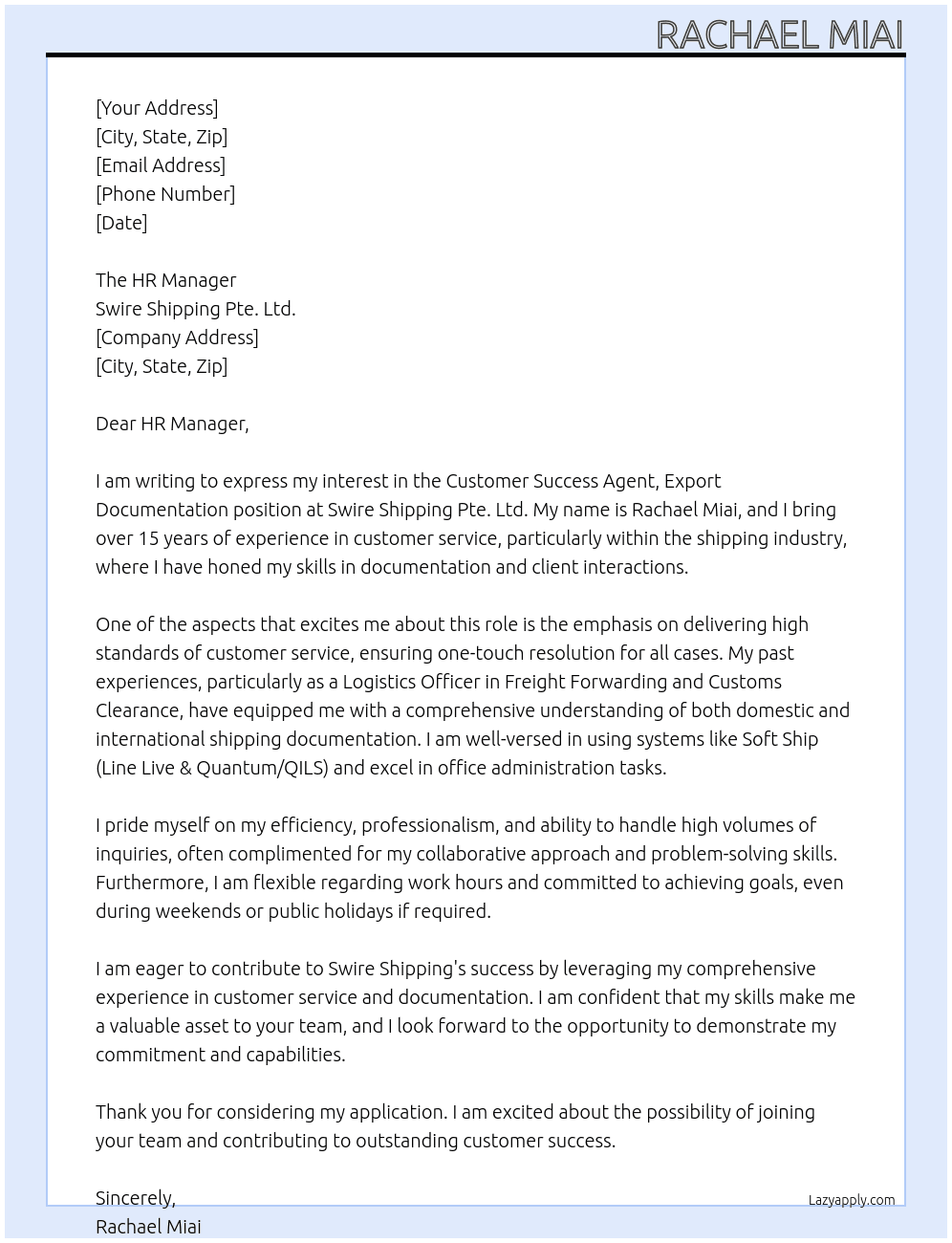 Cover letter for customer success agent, export documentation - LazyApply