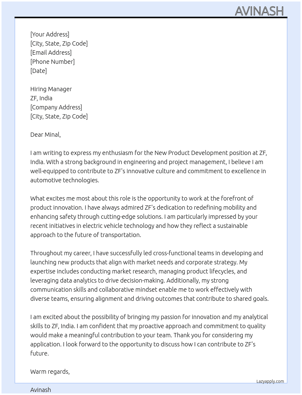 new product development At ZF, India Cover Letter