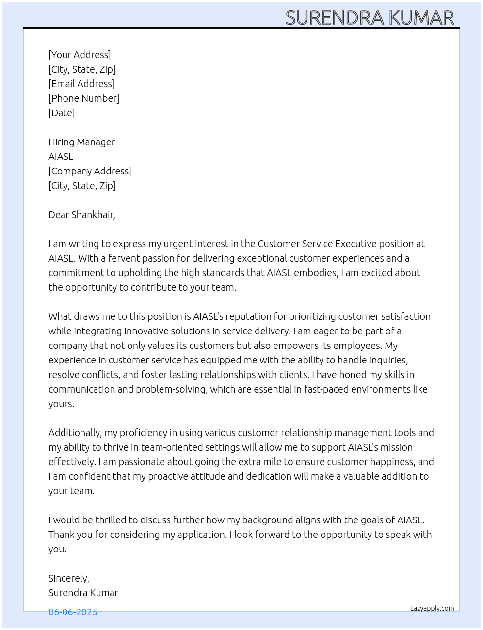 Customer service Executive  At AIASL  Cover Letter