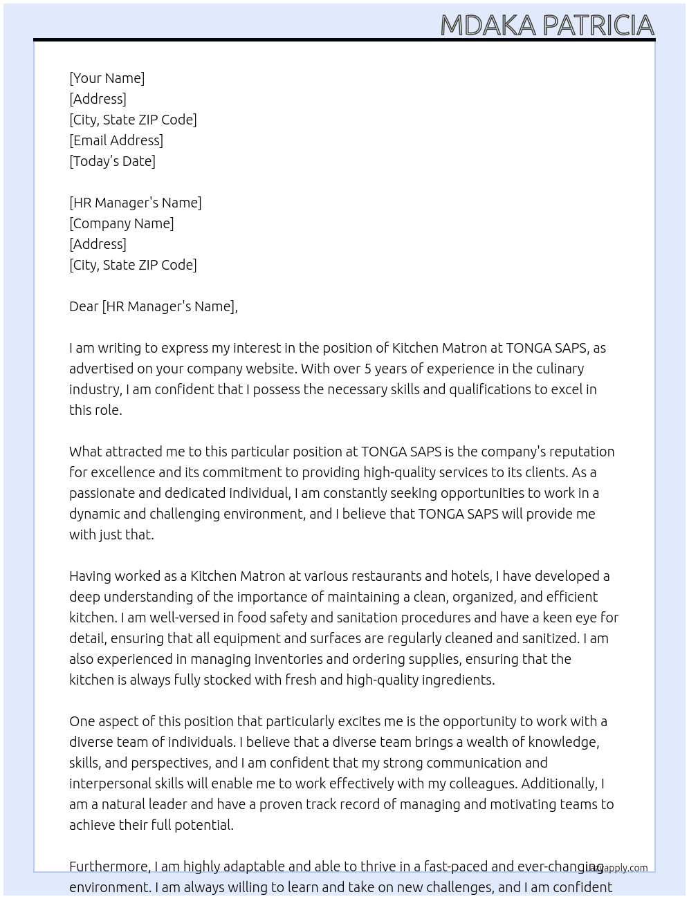 Kitchen Matron At TONGA SAPS Cover Letter
