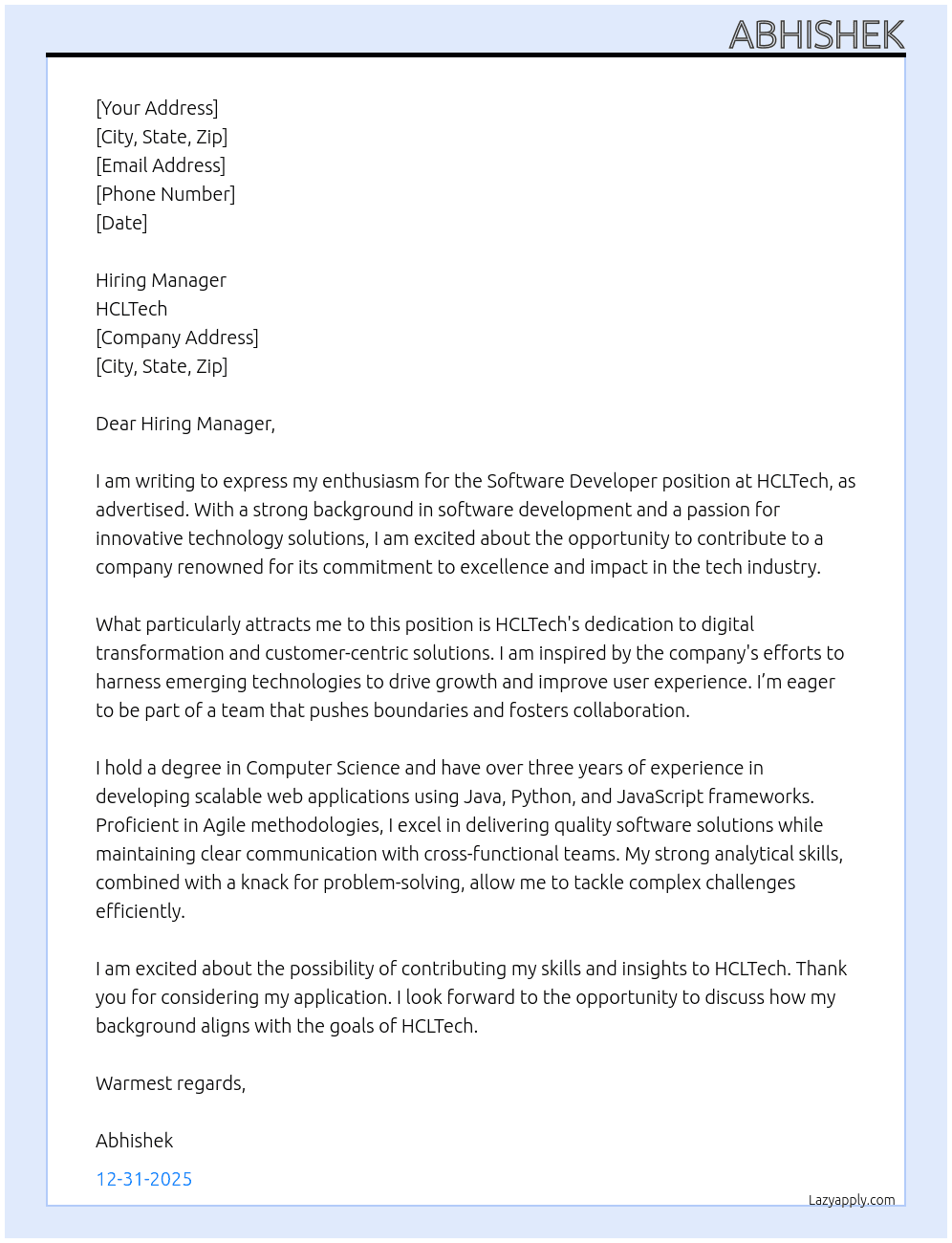 software developer At HCLTech Cover Letter