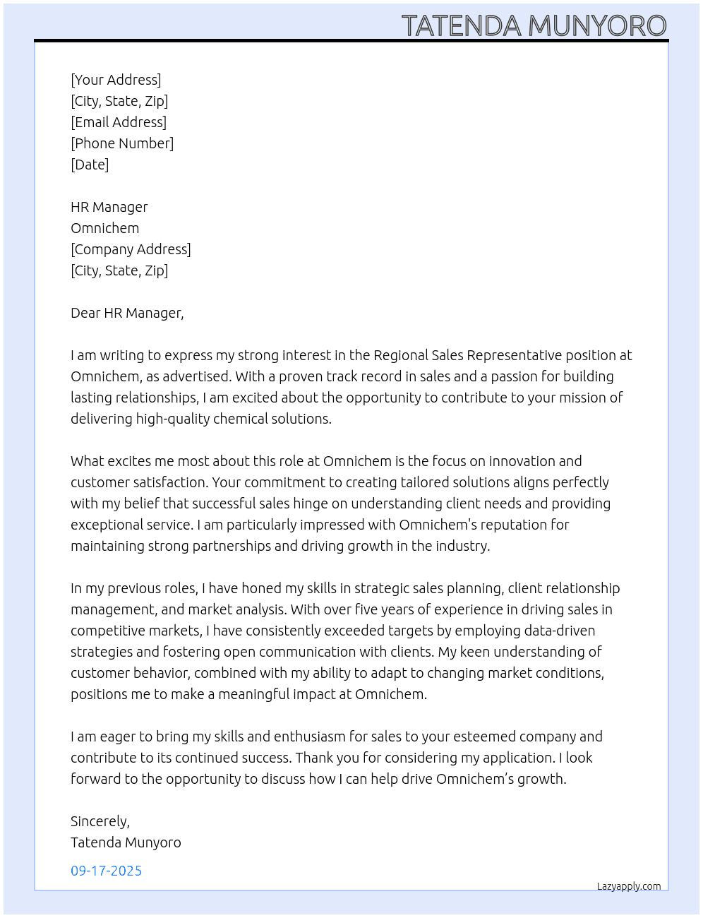 Regional sales representatives  At Omnichem Cover Letter