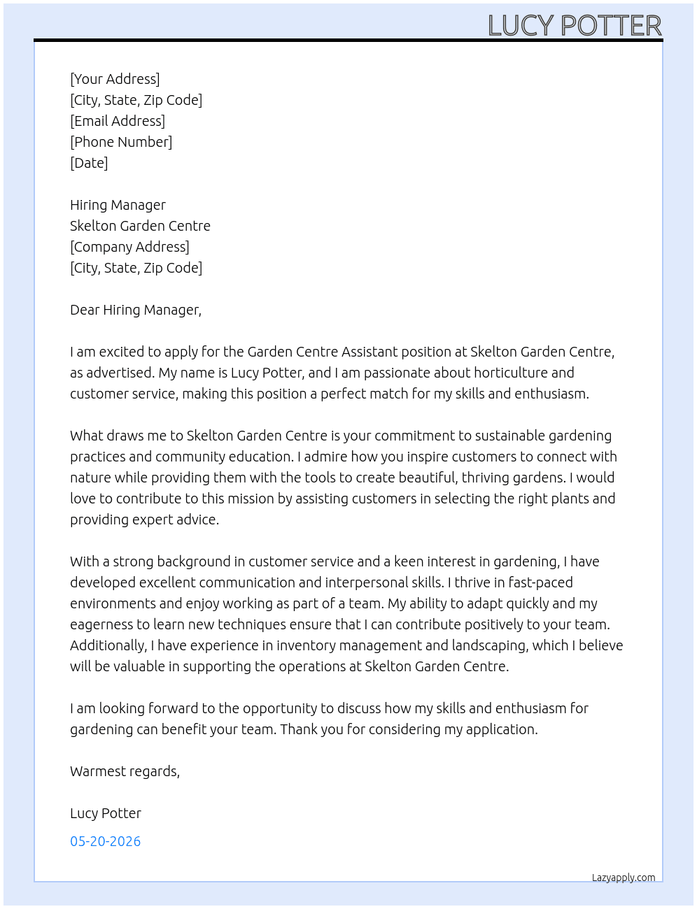 Garden Centre Assistant At Skelton Garden Centre Cover Letter