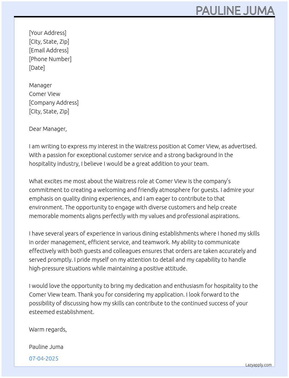 Waitress At Comer View Cover Letter