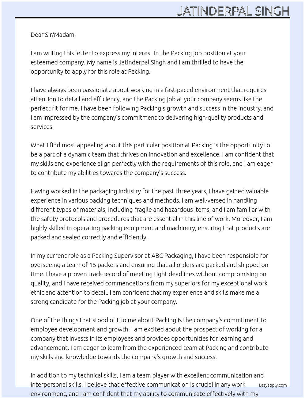Packing job At Packing Cover Letter