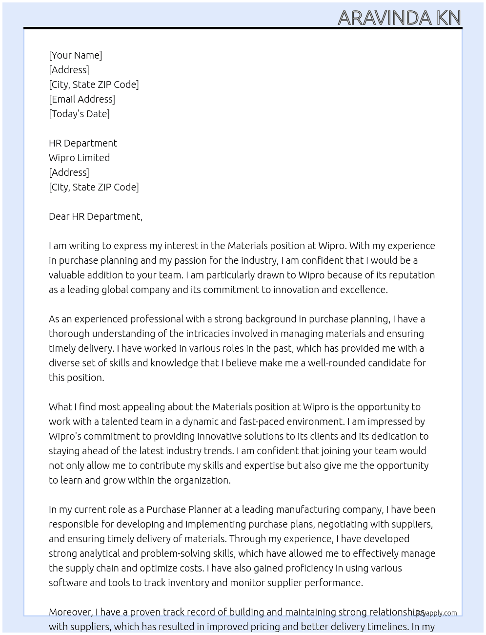 Cover letter for materials - LazyApply