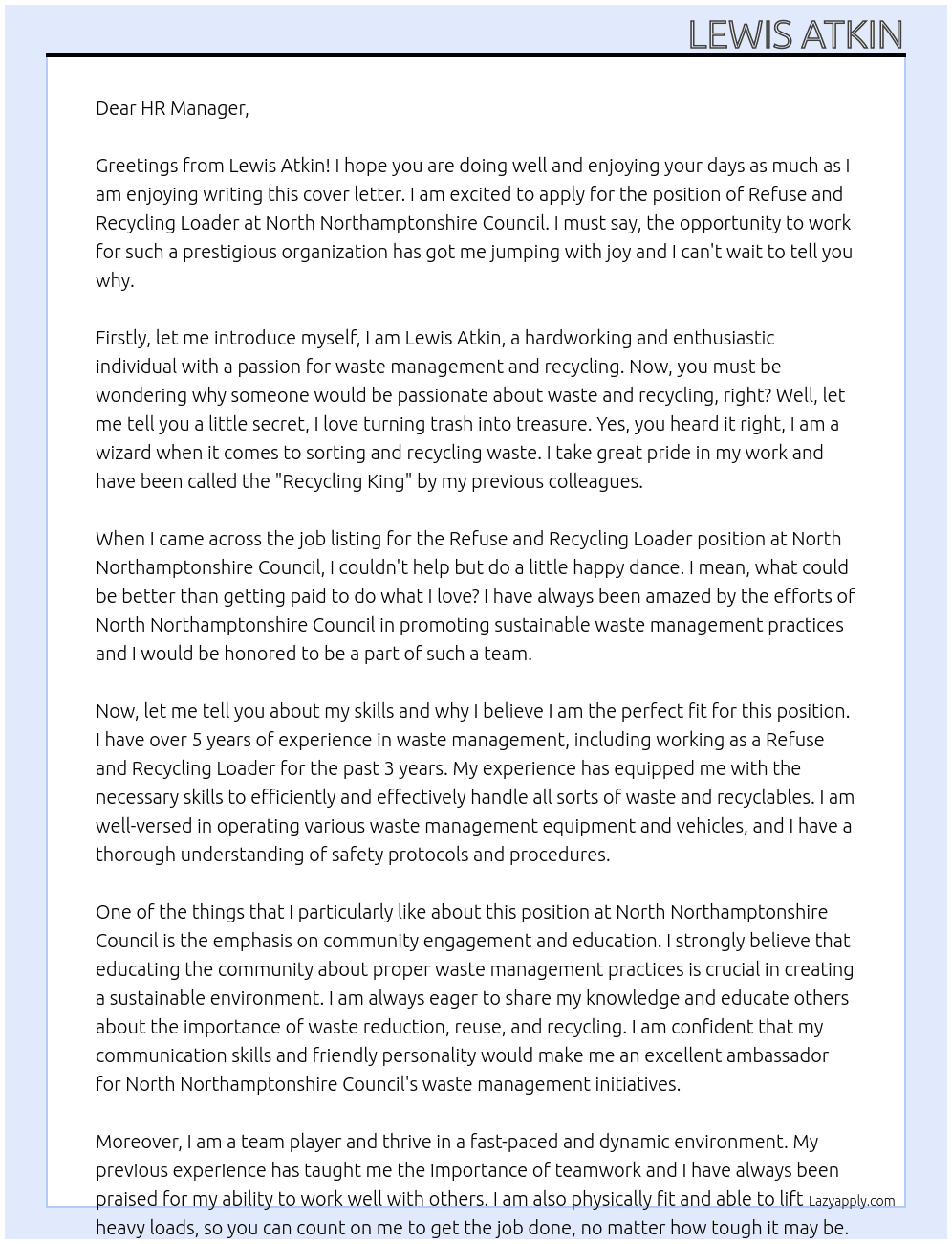 Cover letter for refuse and recycling loader - LazyApply