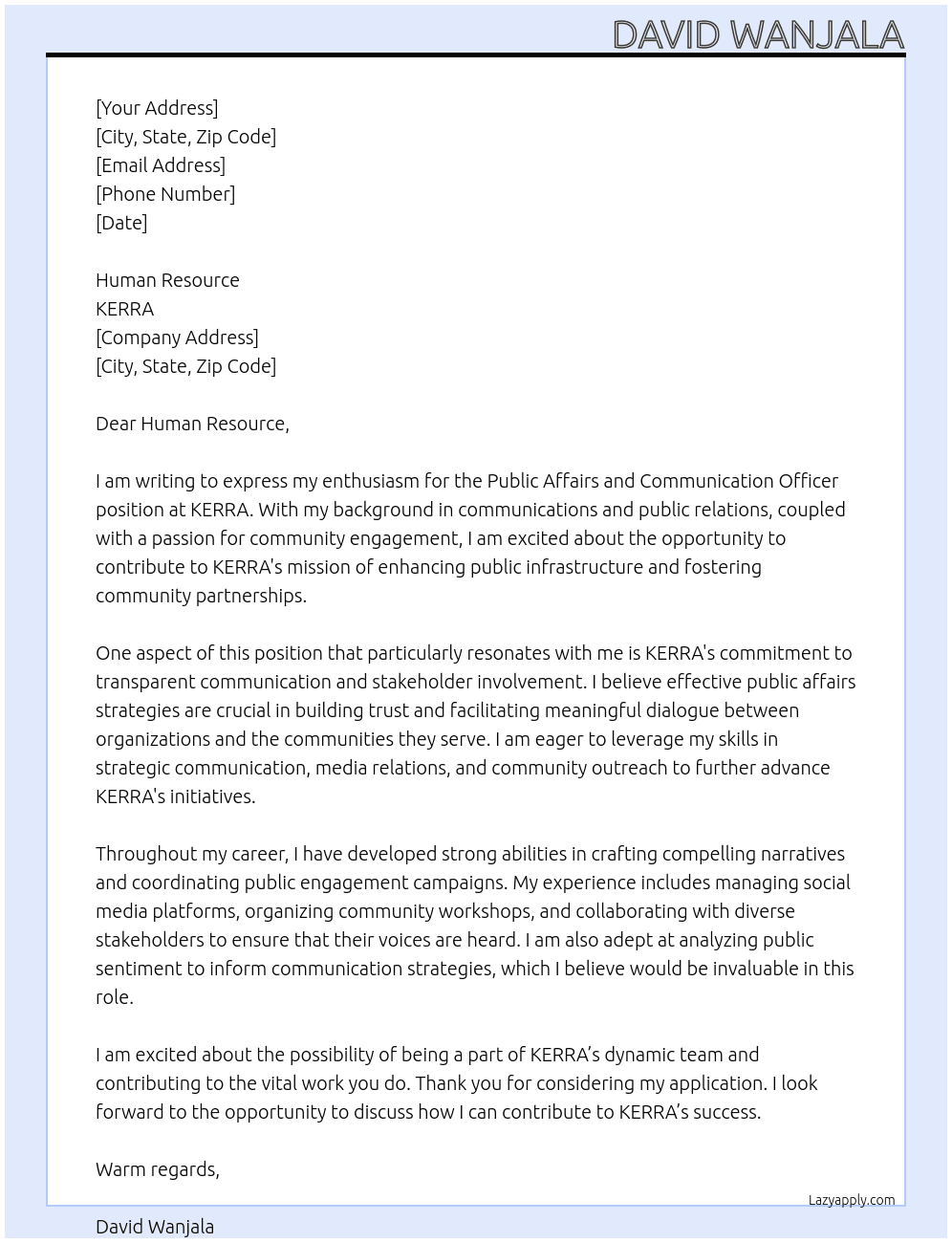 Public Affairs And Communication Officer  At KERRA  Cover Letter