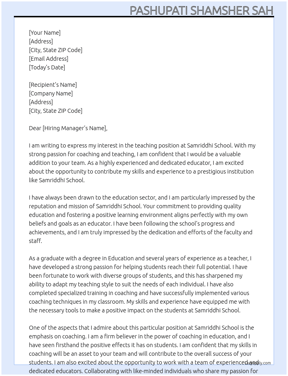 teaching At Samriddhi School Cover Letter