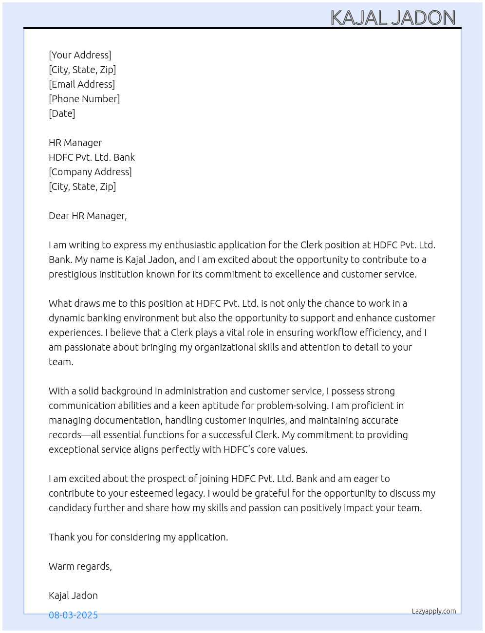 Clerk  At HDFC Pvt. Ltd. Bank  Cover Letter