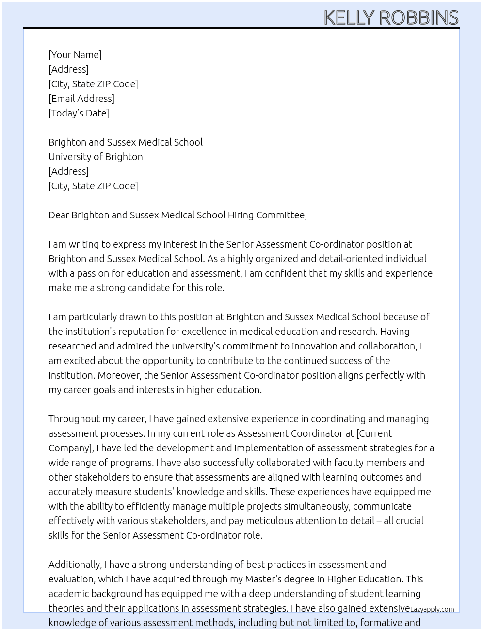 Senior Assessment Co-ordinator At University of Brighton Cover Letter