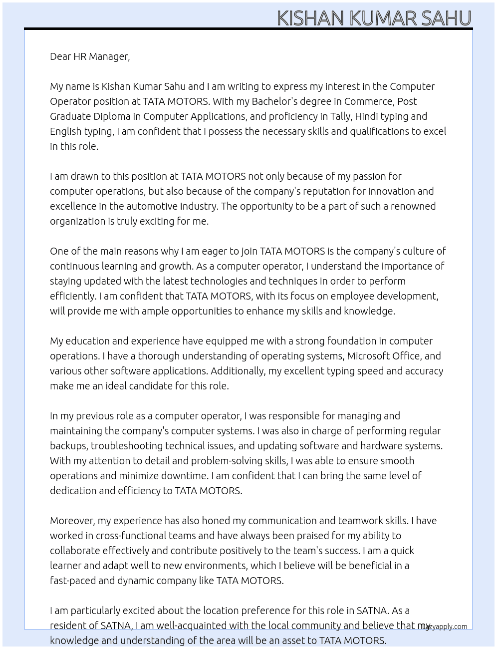 Computer Operator At TATA MOTORS Cover Letter