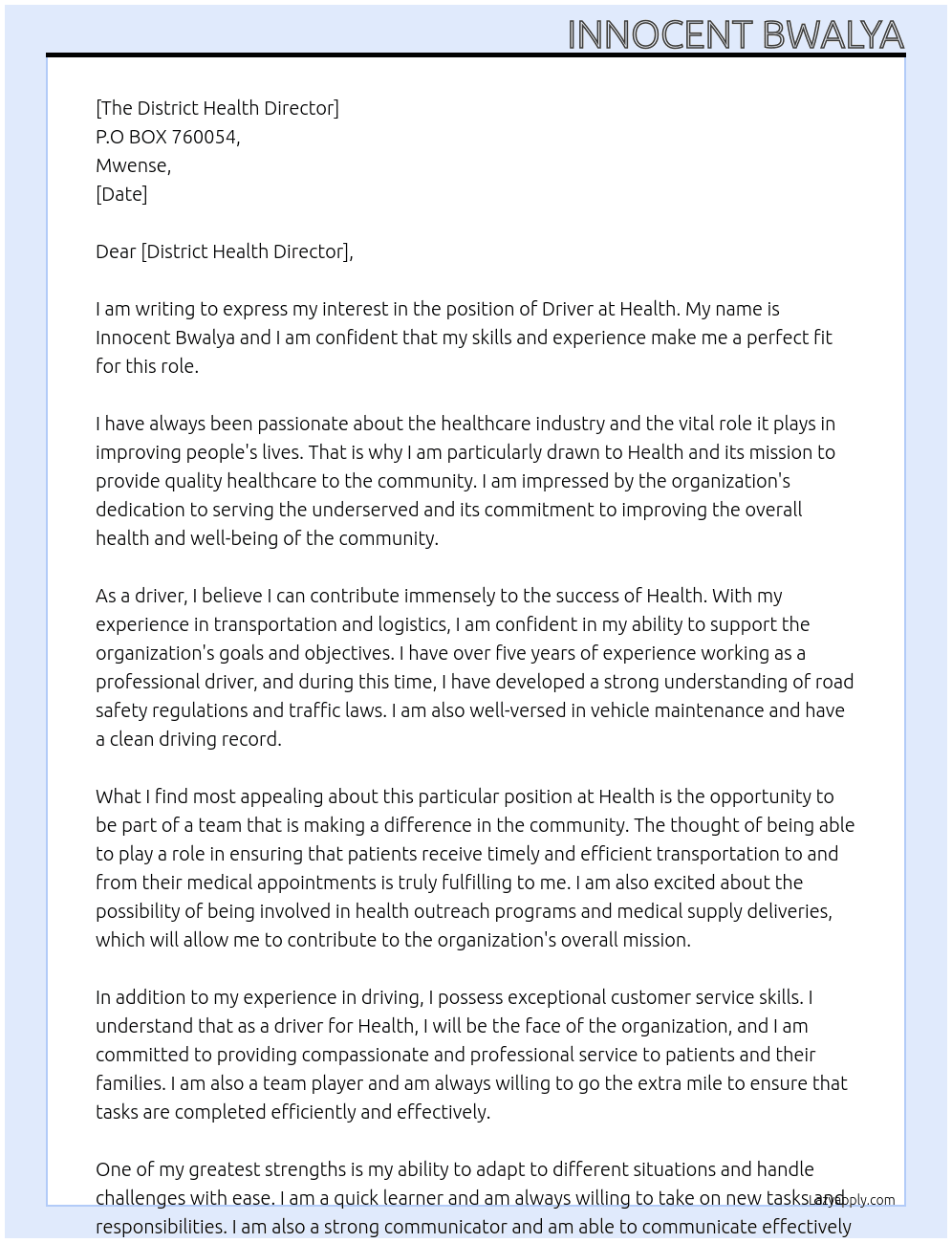 Driver At Health Cover Letter