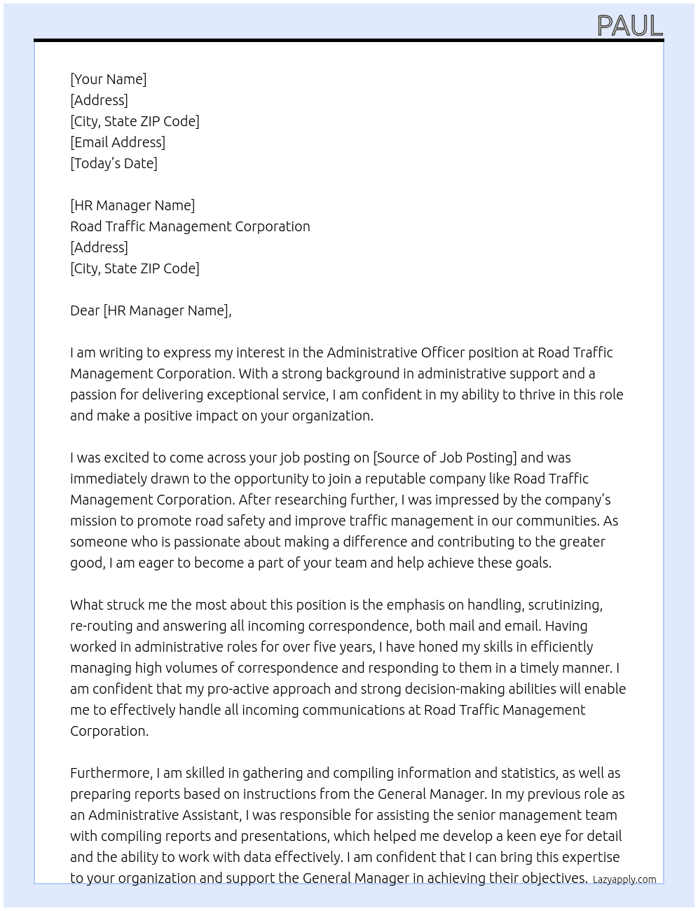Administrative Officer  At Road Traffic Management Corporation  Cover Letter