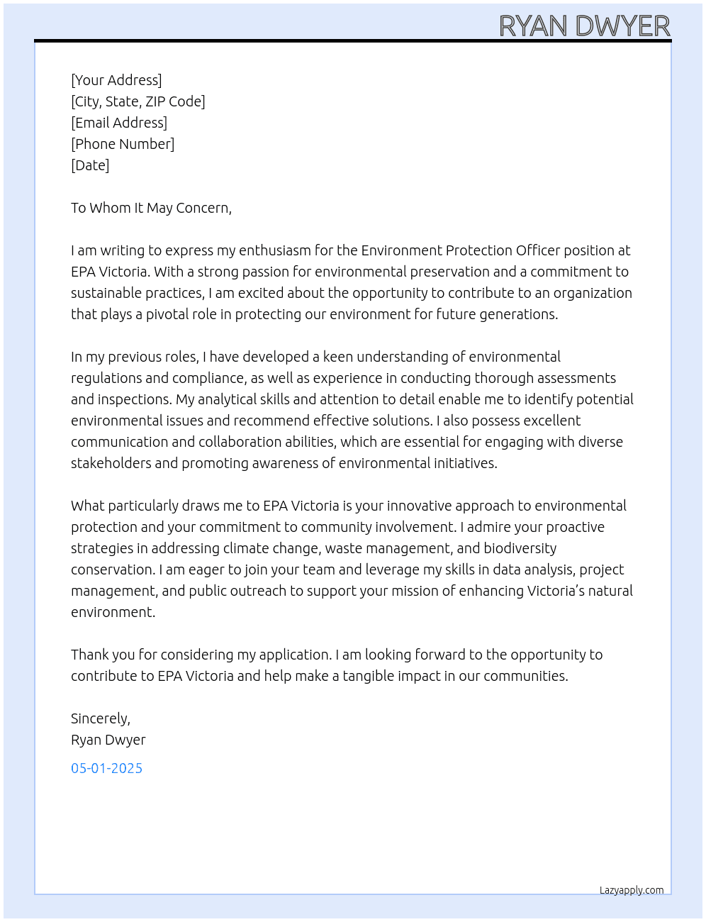 Environment protection officer At EPA Victoria Cover Letter