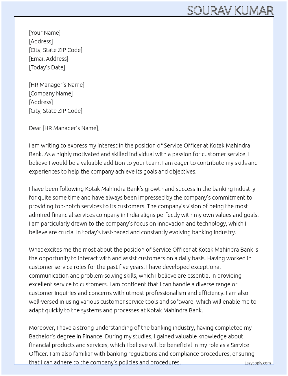 service officer At kotak mahindra bank Cover Letter