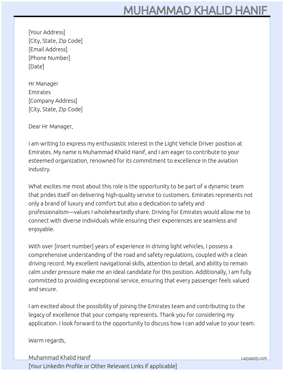 Cover letter for light vehicle driver - LazyApply
