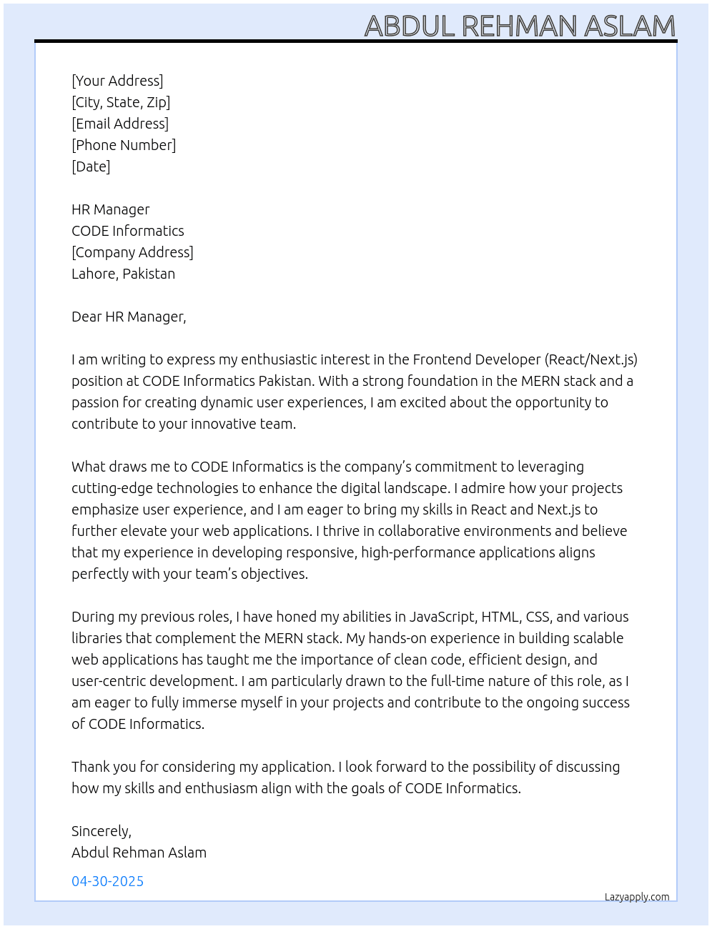 Frontend Developer (React/Next.js)  At CODE Informatics Pakistan CODE Informatics Cover Letter