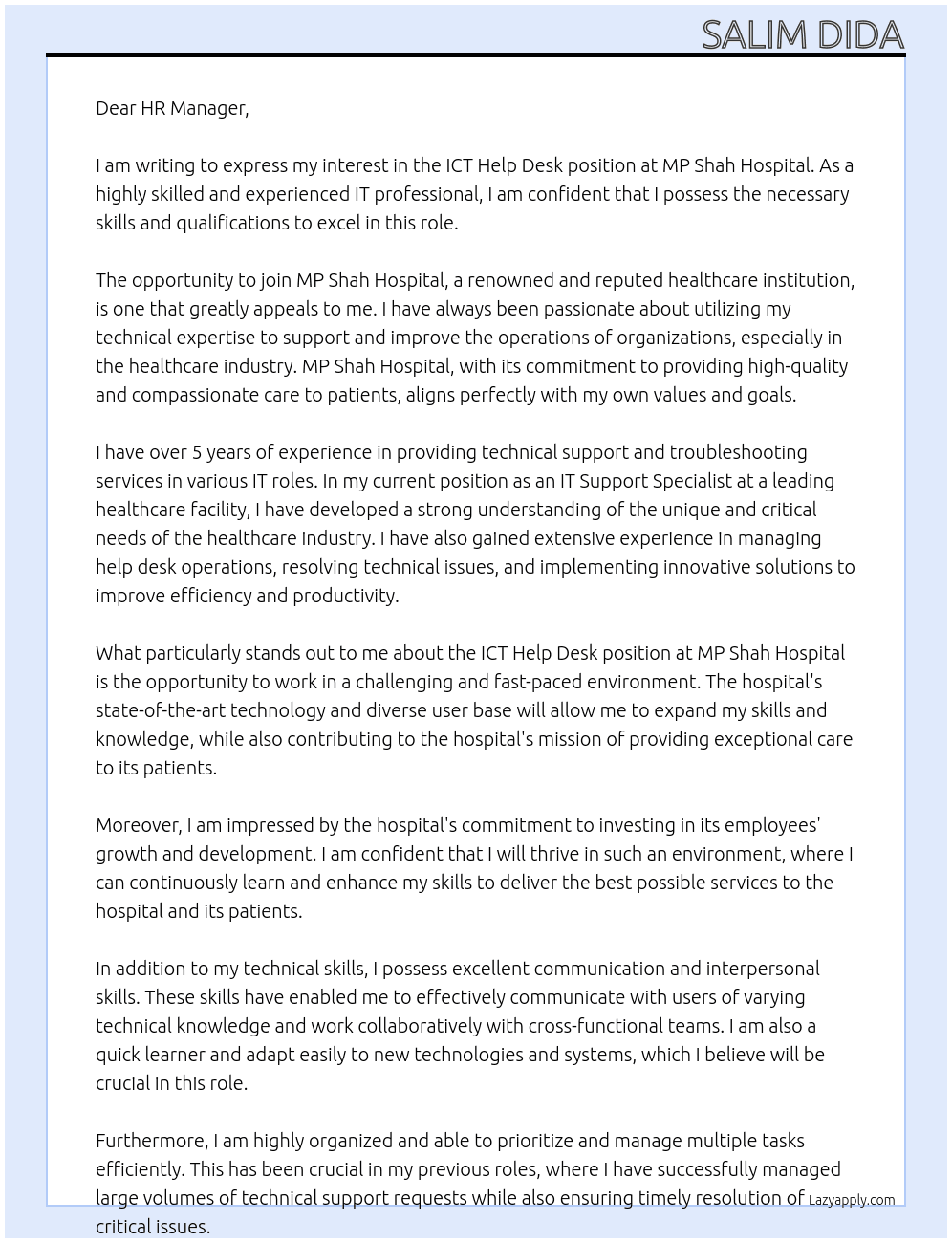 ICT HELP DESK At MP SHAH HOSPITAL Cover Letter