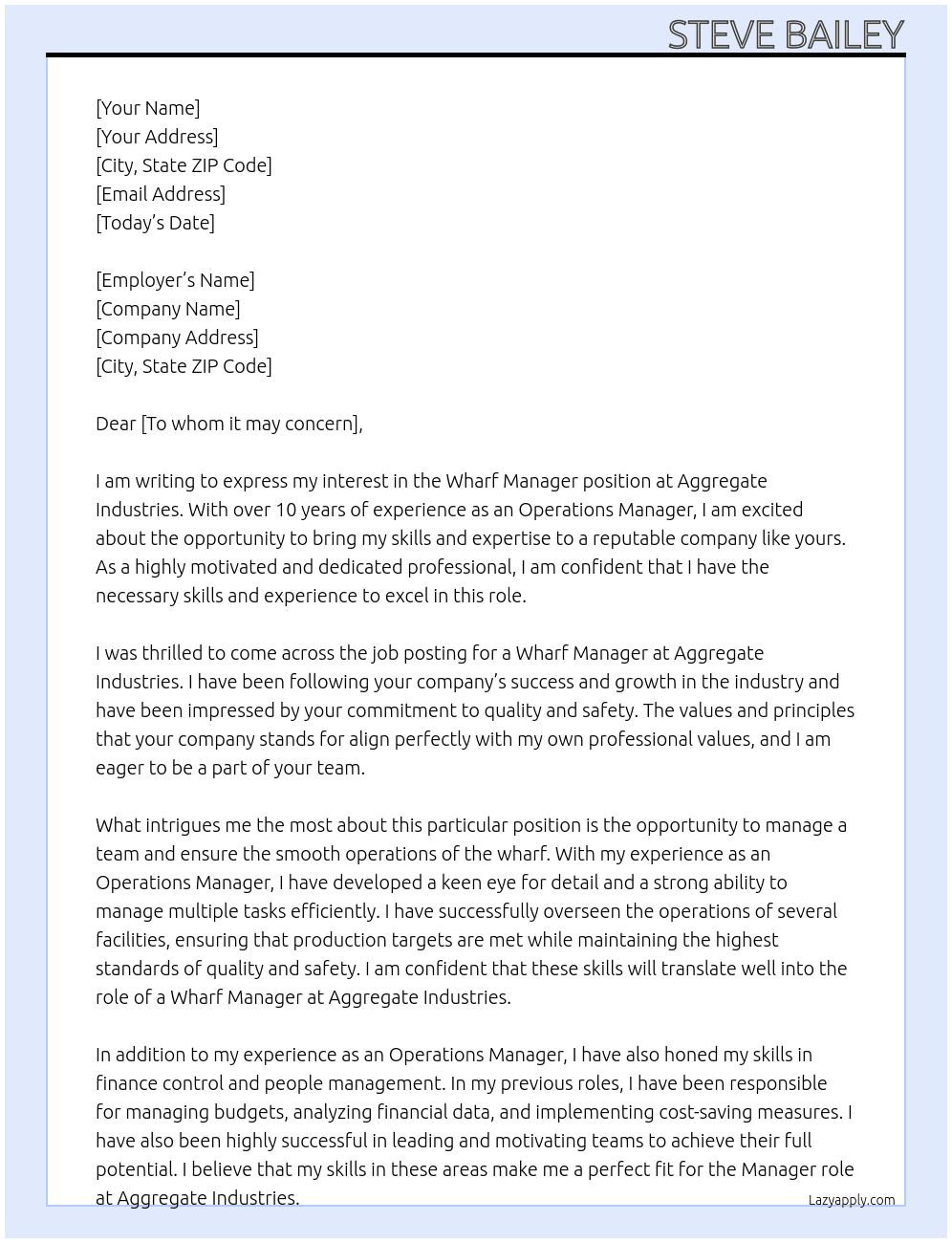 Wharf manager At Aggregate industries Cover Letter